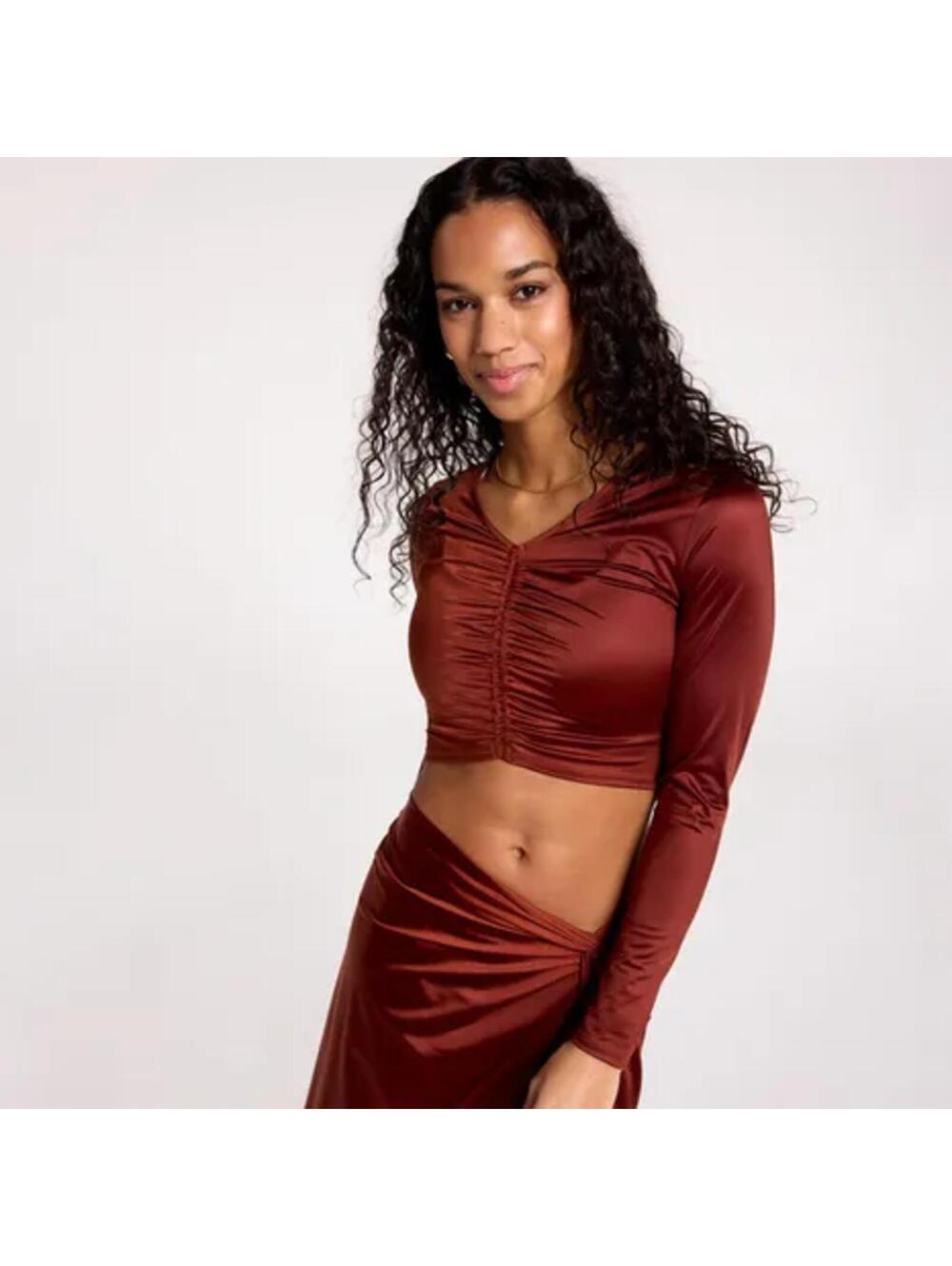 CALIA Women's Long Sleeve Ruched Swim Rash Guard, Large - Red Brown Shine